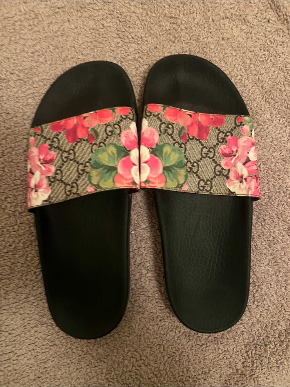 Gucci Black Slide Sandals with Pink and Green Floral Strap